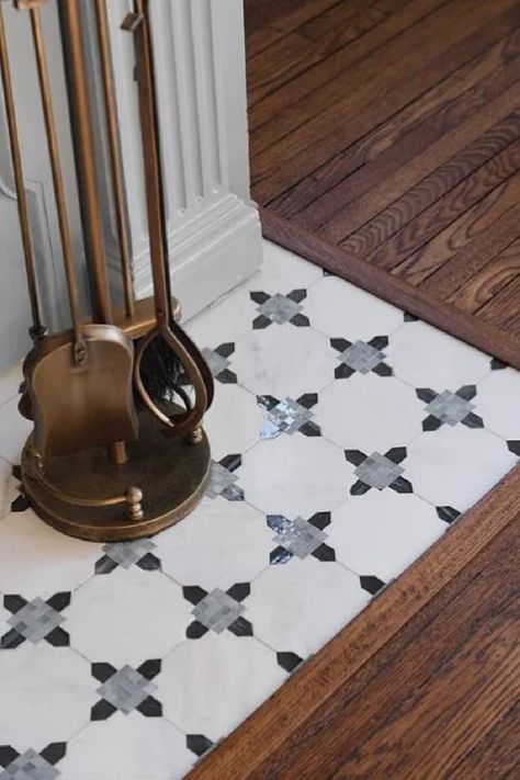 Detail of tile on hearth of fireplace in primary bedroom of Fixer Upper The Castle renovation. Castle Renovation, French Country Fireplace, Fireplace Hearth Tiles, Hearth Tiles, Country Fireplace, Waco Texas, Mansions For Sale, Fireplace Hearth, Fireplace Remodel