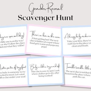 Gender Reveal Scavenger Hunt Clue Cards / Gender Reveal Treasure Hunt Clues / Baby Shower Scavenger Hunt / Gender Reveal Party Games (Instant Download) - Etsy Australia Gender Reveal Treasure Hunt Clues, Gender Reveal Scavenger Hunt Riddles, Scavenger Hunt Gender Reveal Ideas, Gender Reveal Riddles, Gender Reveal Scavenger Hunt Clues, Gender Reveal Riddle, Scavenger Hunt Gender Reveal, Gender Reveal Games For Guests, Gender Reveal Scavenger Hunt