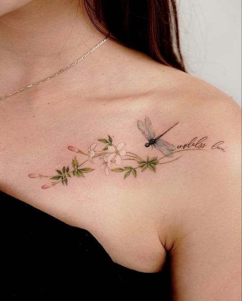 Flower Tattoos With Dragonfly, Dragon Fly Tattoo Designs, Small Dragonfly Tattoo, Full Chest Tattoos, Flying Tattoo, Dragonfly Tattoo Design, Bone Tattoos, Chest Tattoos For Women, Dragonfly Tattoo