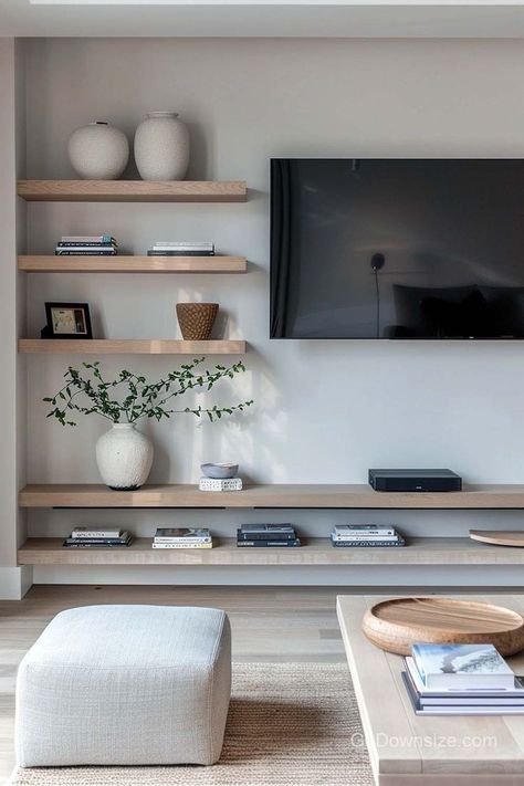 White And Wood Living Room Ideas, Tv Designs For Living Room, Neutral Tv Room, Tv Shelving Ideas, Art Wall With Tv, Tv Room Cozy, Bookshelf Next To Tv, Living Room With Tv Inspiration, Wood And White Interior