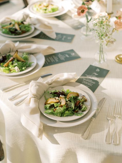 Plated candy pear salad at a wedding reception. Wedding Courses Food, Pre Set Salad Wedding Table, Preset Salad Wedding Table, Plated Salad Wedding Table Settings, Wedding Menus Ideas Food, Plated Dinner Wedding, Wedding Plated Dinner, Wedding Reception Plates, Wedding Reception Food Ideas