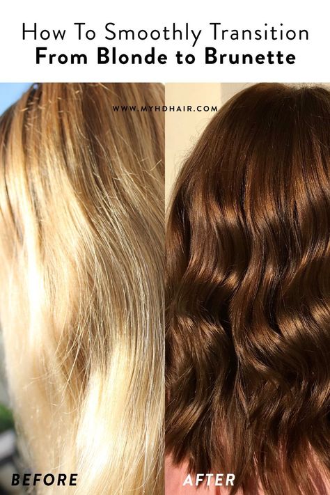 From Blonde To Chocolate Brown Hair, How To Transition From Blonde To Brunette, Changing From Blonde To Brunette, How To Go From Blonde Back To Brunette, Filling Blonde Hair To Brown, Hair Color Filler Formula, Bleached To Brunette, Diy Blonde To Brunette At Home, Grown Out Blonde To Brunette