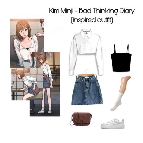 Yuna Bad Thinking Diary Outfit, Everyday Cosplay Outfits, Anime Inspired Outfits Aesthetic, Casual Cosplay Outfits, Anime Outfits Inspired, Kim Minji Bad Thinking Diary, Bad Girl Outfit, Manhwa Fashion, Bad Thinking Diary