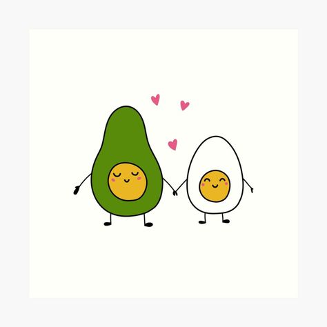 Get my art printed on awesome products. Support me at Redbubble #RBandME: https://www.redbubble.com/i/art-print/Funny-cartoon-egg-and-avocado-by-IrinaOstapenko/61021445.1G4ZT?asc=u Egg Chart, Avocado Art, Funny Eggs, Funny Illustration, Food Illustration, Cartoon Pics, Food Illustrations, Funny Cartoon, Easy Paintings