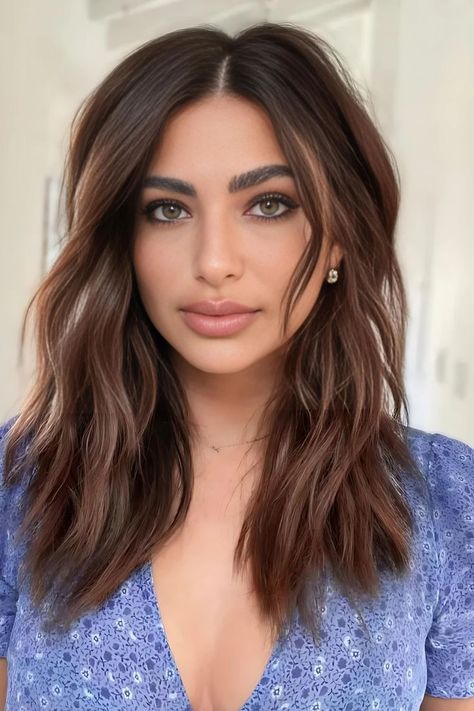 Wavy Brunette Mid Length Ponytail, Midlength Layered Hair, Mid Length Hair With Movement, Mid Length Hair With Front Layers, Midi Bob Haircut Mid Length, Textured Collar Bone Length Hair, Medium Length Haircut With No Layers, Mid Length Mom Haircuts, Women’s Mid Length Haircut