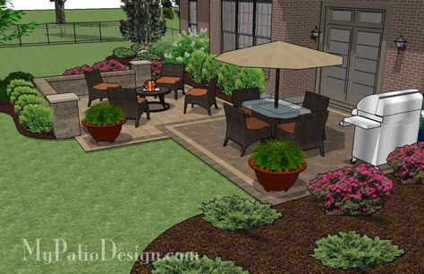 Overlapping Rectangle Patio Design with Seat Wall | 490 sq ft | Download Installation Plan, How-to's and Material List @Mypatiodesign.com Cheap Outdoor Fire Pit, Rectangle Patio, Patio Addition, Seat Wall, Fire Pit Materials, Patio Plans, Patio Layout, Patio Deck Designs, Restaurant Patio