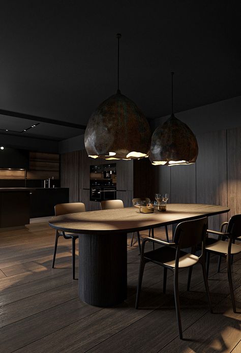 Dark apartment on Behance Boundary Wall Lighting, Apartment Japandi, Japandi Interiors Bedroom, Dark Apartment, Dark Interior Design, Interiors Bedroom, Dark Dining Room, Bedroom Dark, Boundary Wall