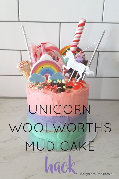 This Unicorn Woolworths mud cake hack is a quick and budget friendly way to make a birthday cake, without having to actually bake anything. Birthday Cake Hacks, Woolies Cake Hack, Mud Cake Hack, Woolworths Cake Hack, Woolworths Mudcake Hack, Woolies Mud Cake Hack Birthday, Woolworths Mud Cake Hack, Woolworths Cakes, Unicorn Tray Bake Cake