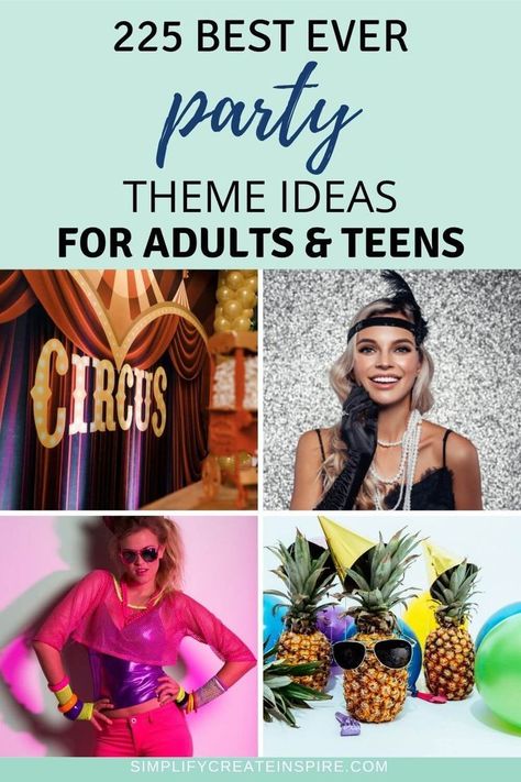 200+ awesome adult party themes for an unforgettable celebration! This list of party themes for adults will help you plan the ultimate unique fun-filled event. Party Dress Up Themes For Adults, Best Themed Parties For Adults, Dress Up Birthday Party Ideas Adults, Dress Up Party Ideas For Adults, Costume Party Themes For Adults, Theme Dress Up Party Ideas, Different Themes For Parties, Ladies Night Theme Ideas, Best Theme Party Ideas For Adults