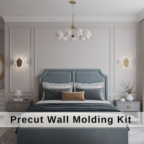 Wall Molding Bedroom Kit, Wainscoting Ready Cut Set, Wall Moulding Package- Wall Trim Kit, Ready to Go Wall Paneling Kit Moldings are 2.5 cm ( 0.98 in ) wide. This package includes: 62.99" by 31.50" 2 pieces of the upper right and the left panels 62.99" by 70.87" 1 piece of the upper middle section panel 23.62" by 31.50" 2 pieces of the bottom right and the left panels 23.62" by 70.87" 1 piece of the bottom middle section panel The best wall size for this package is 108.27" H by 151.57 W" but yo Wainscoting Kits, Accent Wall Panels, Wall Molding Design, White Wall Paneling, Wall Moulding, Diy Accent Wall, Wainscoting Panels, Inspire Me Home Decor, Mold Kit