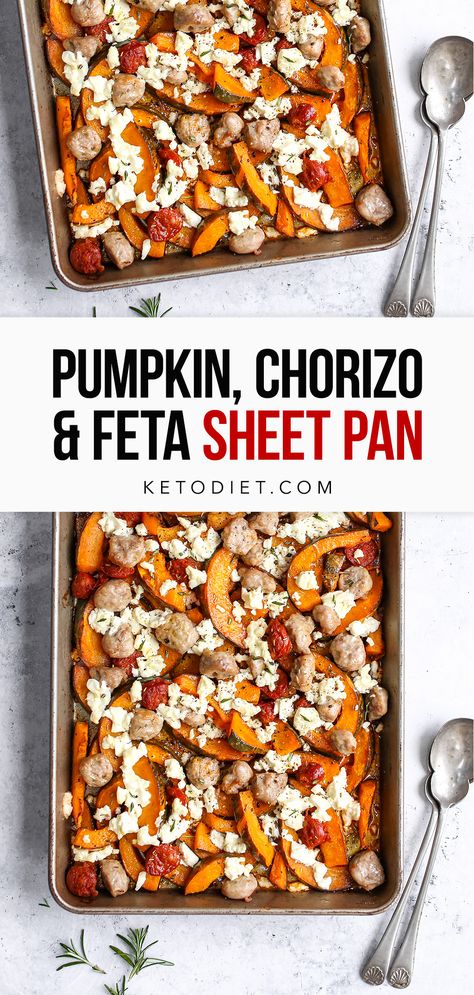 Feta Tray Bake, Pumpkin Chorizo, Pumpkin And Feta Salad, Winter Tray, Easy Roast, Grain Free Breakfast, Cooking Pumpkin, Pan Recipe, Tray Bake