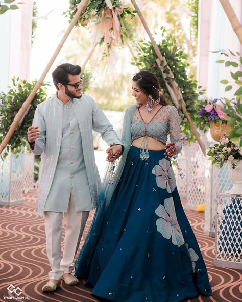 Brb, gotta go Pin 📌 this look to my Pinterest board ASAP 🦋🩵. . Absolutely beautiful ! Bride @kratikagulati exudes sheer beauty in our Adeena Lehenga for her Haldi. Can’t stop admiring her elegance! . DM us to shop this enchanting look and make your special moments unforgettable. 💫✨🦋🩵 . . . . #BridalGlam #AdeenaLehenga #ShopTheLook” Couple Dress For Haldi Function, Haldi Dress Combination, Lehenga For Wedding Brides, Haldi Colour Combination, Haldi Unique Outfit, Sangeet Look For Bride, Couple Dress Ideas, Colourful Outfit Ideas, Haldi Ceremony Outfit For Bride