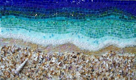 beach and water mosaic                                                                                                                                                                                 More Water Mosaic, Mosaic Walls, Mosaic Workshop, Mosaic Beach, Mosaic Stained, Mosaic Madness, Beach Glass Art, Mosaic Artwork, Mosaic Projects