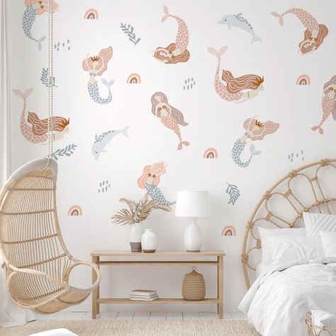 Mermaid Bedroom Aesthetic, Mermaid Nursery Theme, Boho Wall Stickers, Mermaid Girls Room, Three Mermaids, Nursery Mermaid, Underwater Realm, Kids Mural, Mermaid Room Decor