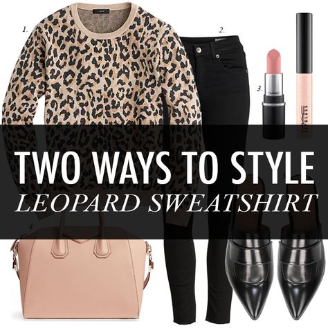 two way style leopard sweatshirt, leopard sweatshirt, black skinny jeans, outfit ideas, outfit inspiration, winter outfit, wardrobe collection, build staple wardrobe Animal Print Sweater Outfit, Leopard Print Sweater Outfit, Print Sweater Outfit, White Jeans Winter, Cognac Boots, Leopard Jacket, Pullovers Outfit, Faux Shearling Jacket, Leopard Print Sweater