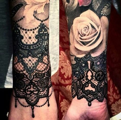 Lace and a rose tattoo                                                                                                                                                      More Lace Wrist Tattoo, Cinderella Tattoos, Black Lace Tattoo, Lace Sleeve Tattoos, Lace Tattoo Design, Skeleton Hand Tattoo, Inspiration Tattoos, Geniale Tattoos, Lace Tattoo