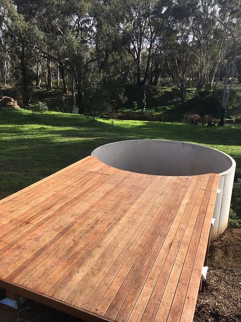 Water Features & Plunge Pools | Statewide Concrete Cold Plunge On Deck, Sauna Plunge Pool, Concrete Tank Pool, Cold Plunge Backyard, Pnw Backyard Ideas, Small Plunge Pools For Small Yards, Plunge Pool Ideas Small Spaces, Round Plunge Pool, Concrete Plunge Pool