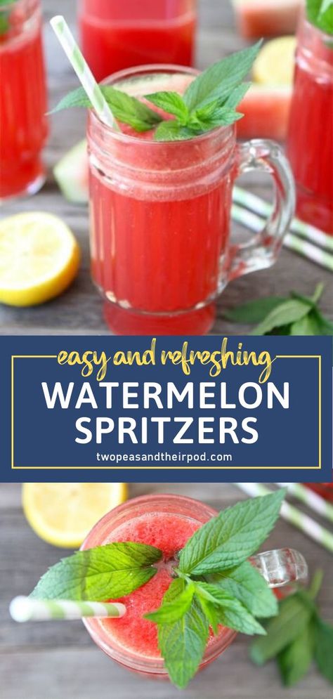 Add fun to your 4th of July party with this refreshing non-alcoholic drink! Watermelon Spritzers are easy to make without the fuss. With only 5 ingredients, you can whip up a crowd-pleasing beverage to quench your thirst on a hot summer day! Pin this recipe for later! Watermelon Drink Nonalcoholic, Watermelon Refresher Drink, Watermelon Spritzer, Watermelon Refresher, Refreshing Drinks Alcohol, Watermelon Punch, Cranberry Drinks, Frozen Drink Recipes, Adult Beverages Recipes