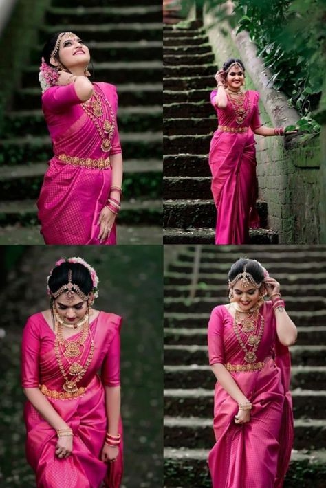 Hindu Wedding Sarees Kerala, Saree Poses Wedding, South Indian Wedding Sarees Color Combinations, Rani Color Saree, Poses In Saree For Photoshoot, Silk Saree South Indian, Kerala Wedding Saree, South Indian Wedding Saree, South Indian Bride Saree