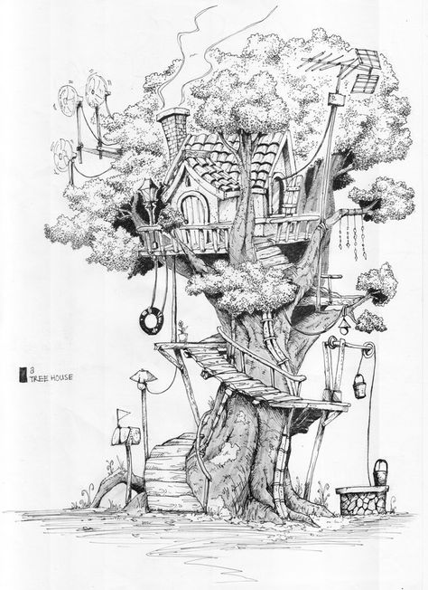 tree house by rifknight on DeviantArt Tree House Designs Drawing, Tree House With Bridge, Magical Tree Drawing, Tree House Tattoo, Tree House Sketch, Tree House Painting, House Drawing Sketches, Tree House Illustration, Forest Drawings