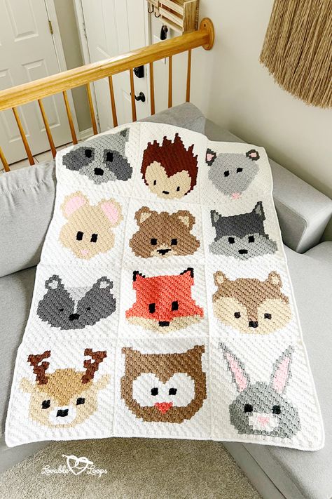 Woodland Animals Crochet Baby Blanket Pattern, C2c Woodland Animals, Crochet Woodland Animals Blanket, Woodland Creatures Crochet Blanket, Graphghans Crochet Patterns Free, Woodland Animal Crochet Blanket, Crochet Aesthetic Blanket, Free C2c Baby Blanket Pattern, Woodland Nursery Crochet