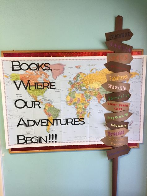 Journey Bulletin Board Ideas, Travel Bulletin Board Ideas, Back To School Library Bulletin Boards Middle School, Book Classroom Themes, Reading Takes You Places Theme, Book Themed Classroom Decor, Adventure Library Theme, Adventure Themed Bulletin Boards, Adventure Awaits Classroom Theme