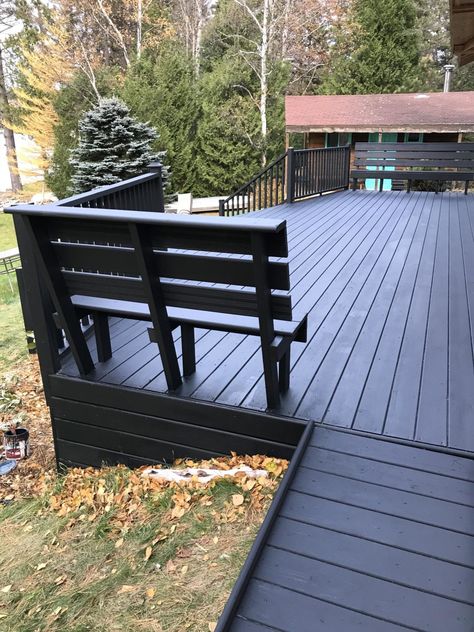 Black Deck Stain + Copper Solar Deck Caps Black Deck Stain, Deck Stain, Architecture Renovation, Deck Makeover, Black Deck, Modern Deck, Deck Colors, Building A Porch, Deck Paint