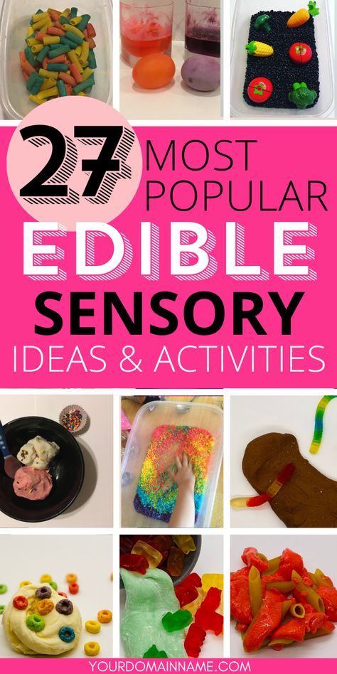 Text: 27 Most Popular Edible Sensory Ideas & Activities
Top 3 picture from left: easy dyed pasta, disappearing eggshell experiment, farm sensory bin
Bottom 6 pictures, clockwise from top left: ice cream playdough, dyed rainbow rice, pudding slime, pasta slime, gummy bear slime, cereal milk slime Sensory Food Ideas, Sensory Play With Food, Sensory Activities With Food, Edible Activities For Toddlers, Edible Activities, Sensory Taste Safe, Eatable Sensory Play, Sensory Food Play, Cereal Sensory Bin