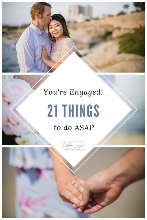 Once he proposes and you're newly engaged, it might seem overwhelming to know what to do next. I cover 21 important things you should do ASAP.#EngagementInspiration #SayingYes #EngagementPhotography #LoveIsInTheAir #EngagementGoals #HappilyEverAfter #EngagementIdeas Things To Do While Engaged, Before You Get Engaged, Things To Do After Getting Engaged, Free Stuff When You Get Engaged, Announce Engagement To Family, How To Personalize Your Wedding, What To Do When You Get Engaged, Engagement Announcements, Engagement Gifts Newly Engaged