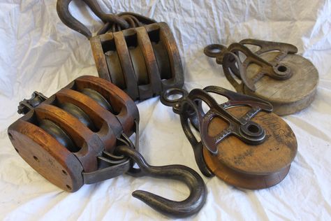 Restoration suggestions for vintage, old, or used wood farm pulleys                                                                                                                                                                                 More Pulley Ideas, Pulley Light, Wooden Barn, Wood Barn, Wooden Wheel, Farm Tools, Repurposed Wood, Walla Walla, Antique Tools