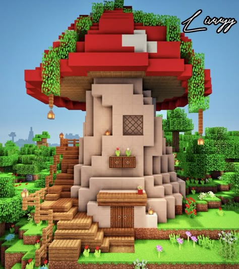 Minecraft Fairy Mushroom House, Cute cottagecore Quirky Minecraft Houses, Cool Minecraft Fountains, Minecraft Faeriecore, Fairy Core House Minecraft, Mushroom Village Minecraft Ideas, Fairycore Minecraft Builds Vanilla, Fairy Town Minecraft, Fairy Core Minecraft Builds, Fairy Minecraft House