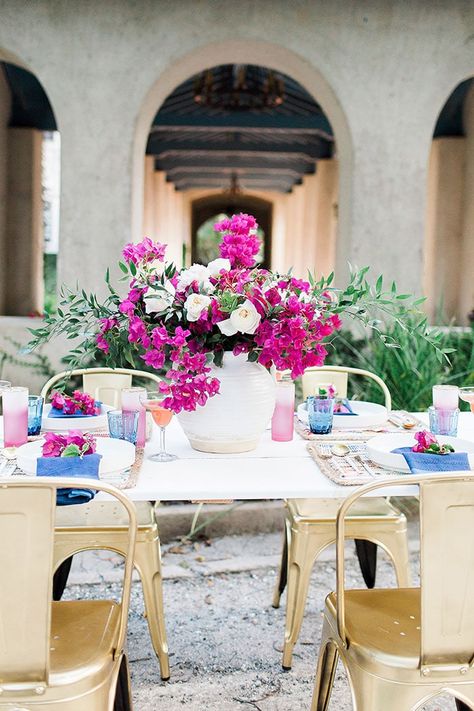 Magenta Wedding Decorations, Talavera Wedding, Pink Wedding Decor, Bougainvillea Wedding, Grecian Wedding, Magenta Wedding, Hacienda Wedding, Tall Wedding Centerpieces, Amalfi Coast Wedding