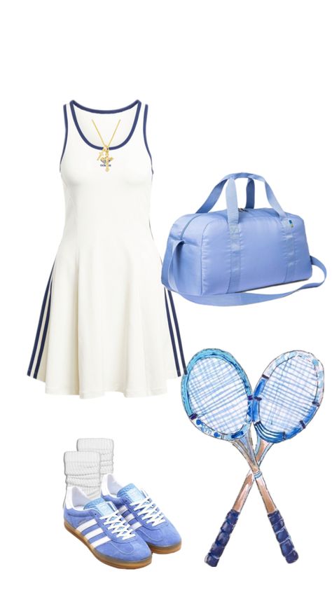 Adidas white dress, blue sombas, blue free people bag Outfit Adidas, Adidas Dress, Tennis Outfit, Free People Bags, Adidas Tennis, Casual Preppy Outfits, Tennis Fashion, Adidas White, School Fits