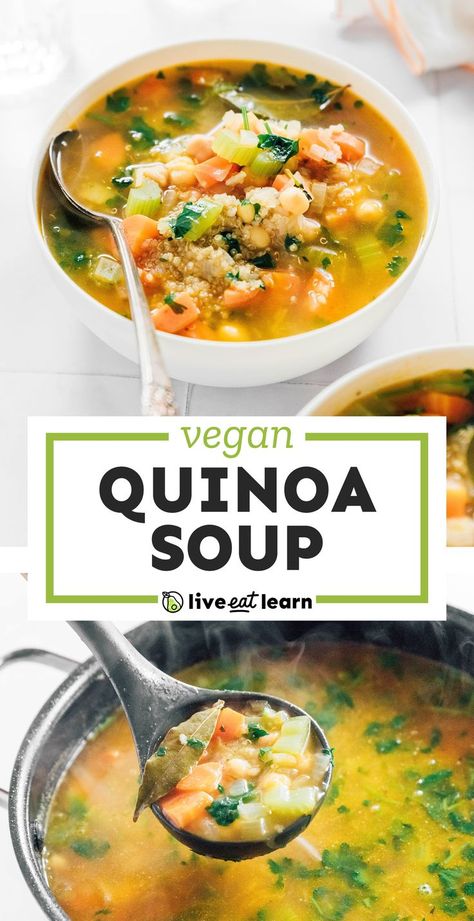 This Quinoa Vegetable Soup recipe is a bone-warming brothy soup that has the flavors of chicken noodle soup with the healthy-ness of vegetable soup (in under 30 minutes!) It's a fast dinner idea that's vegan, gluten-free, and full of flavor. #vegan #veganrecipes #vegetarian #vegetarianrecipes #glutenfree #soup #souprecipes #quinoa #vegetables Vegetable Soup With Quinoa, Quinoa Soup Vegan, Quinoa Veggie Soup, Healthy Gut Soup Recipes, Brothy Vegetable Soup, Quinoa Soup Vegetarian, Smoked Armadillo Eggs Recipe, Bean Meals, Sick Soup