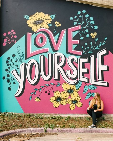 #thedailytype • Instagram photos and videos | love yourself | Empowerment | lettering art Love Graffiti, School Murals, Posca Art, Murals Street Art, Graffiti Wall Art, Big Thanks, Graffiti Wall, Mural Wall Art, Mural Painting