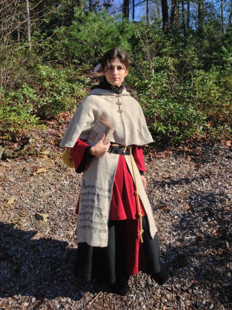 My LARP character costume for Quill, a wind-up doll turned priest of Cottington Woods, a dark fairy tale themed LARP. A porcelain paladin-in-training. Cleric Costume, Fantasy Priestess, Dark Fairy Tale, Priest Outfit, Priest Robes, Priest Costume, Grease Costumes, Wizard Costume, Wolf Costume