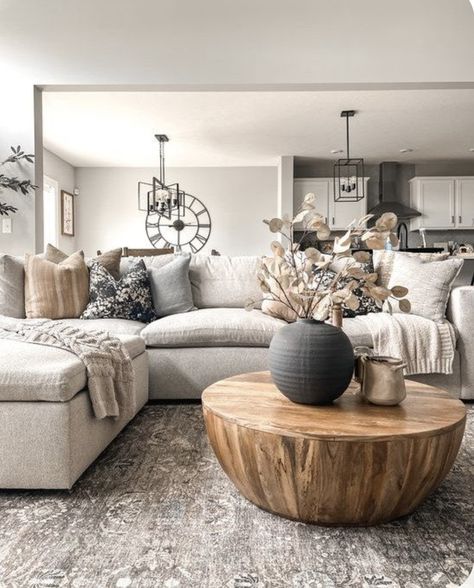 Grey Rug Grey Couch Living Room, Cozy Neutral Living Room Grey Couch, Styling Grey Sectional, Dark Gray Couch And Rug, Beige Gray Couch Living Room, Modern Neutral Living Room Grey Couch, Organic Modern Living Room With Grey Couch, Cozy Modern Neutral Living Room, Cozy Spacious Living Room