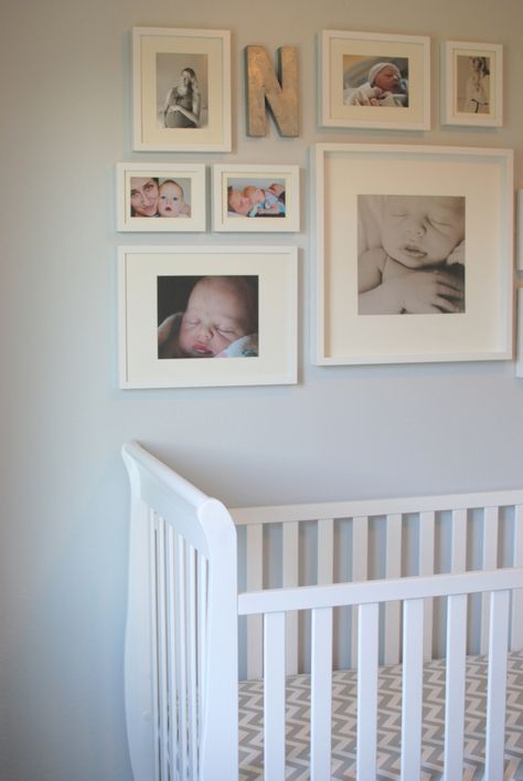 Nursery gallery wall Nursery Wall Frames, Family Photo Gallery Wall, Baby Room Pictures, Nursery Changing Table, Gallery Wall Nursery, Nursery Frames, Nursery Pictures, Baby Frame, Nursery Crib