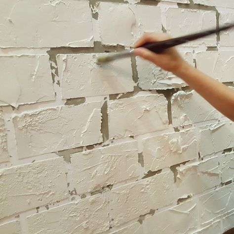 Making A Faux Brick Wall, Faux Brick Wall Painted Diy, Diy Brick Wall With Plaster, Diy Faux Brick Wall With Sponge, Fo Brick Wall Diy, Faux Brick Stairway Wall, Faux Brick Outside Home, Diy Fake Brick Wall, How To Paint Faux Brick