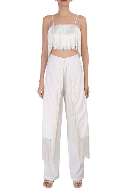 Tassel detail crop top Fringe Crop Top, Crop Top For Women, Crop Tops Online, White Fringe, White Square, Top For Women, White Crop Top, Tailored Trousers, Aza Fashion