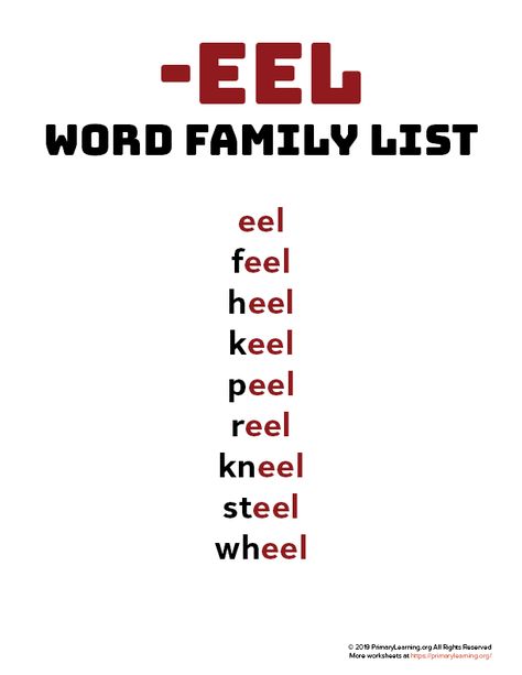 Using word families can help teach beginning spellers that words contain and share patterns. Use this word family list to introduce the sound of words ending with EEL #worksheets #printables #phonics #wordfamily E Family Words, U Family Words, En Family Words, Am Family Words, Ack Word Family Worksheet, Word Family List, Teaching Vowels, Word Family Activities, Word Family Worksheets