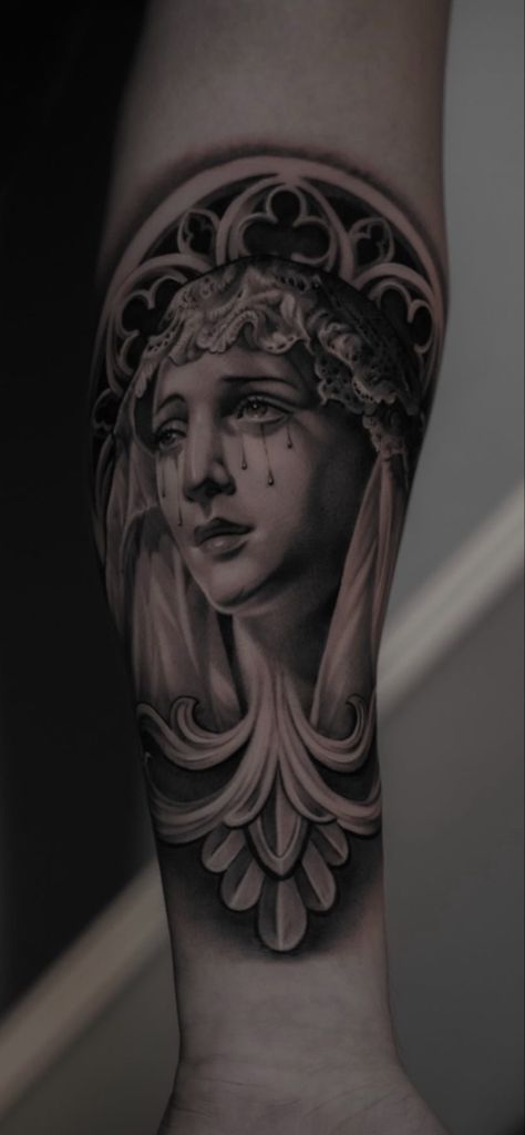 Weeping Virgin Mary Tattoo, Weeping Mary Tattoo, Lady Of Sorrows Tattoo, Weeping Angel Tattoo, Weeping Mary, Celtic Angel, Virgin Mary Tattoo, Mary Tattoo, Weeping Angel