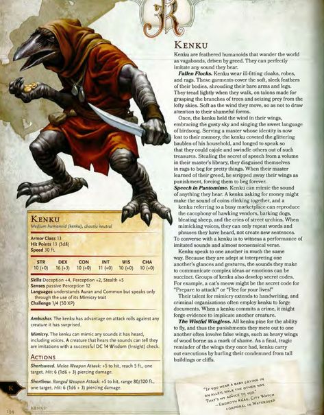 Kenku 5e Kenku Character Art, Kenku Bard, Kenku Dnd, Dnd Kenku, Dnd Languages, Monster Manual, Dnd Stats, Dnd Races, D D Monsters