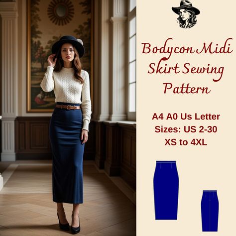 Bodycon Midi Skirt Sewing Pattern:  Available as an instant download (pdf) sewing pattern bundle with a range of size options: US Sizes: 2, 4, 6, 8, 10, 12, 14, 16, 18, 20, 22, 24, 26, 28, 30 Standard Sizes: XS, S, M, L, XL, 2XL, 3XL, 4XL These patterns are suitable for A4, A0, and US Letter size papers. As soon as your payment is processed, you will automatically receive download links for the pattern files. This is a digital product and not a finished item. You will receive zip files containing the patterns and sewing instructions. If you have any questions, do no hesitate to contact! Midi Skirt Sewing, Pencil Skirt Sewing Pattern, Midi Skirt Sewing Pattern, Vintage Skirt Pattern, Pattern Pencil Skirt, Dress Stitching, Pencil Skirt Pattern, Long A Line Skirt, Maxi Pencil Skirt