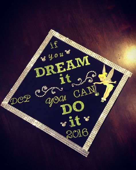 Tinker Bell inspired Graduation Cap with Walt Disney quote "If you dream it you can do it."  In honor of my new job at Walt Disney World in Florida working as a Front Desk Cast member. Dreams do come true!!! ✨✨✨ Tinkerbell Graduation Cap, Tinker Bell Graduation Cap, Peter Pan Graduation Cap, Graduation Cap Designs Peter Pan, Disney Theme Graduation Cap, Disney Inspired Graduation Caps, College Caps, Cap Inspiration, Disney College Program Graduation Cap