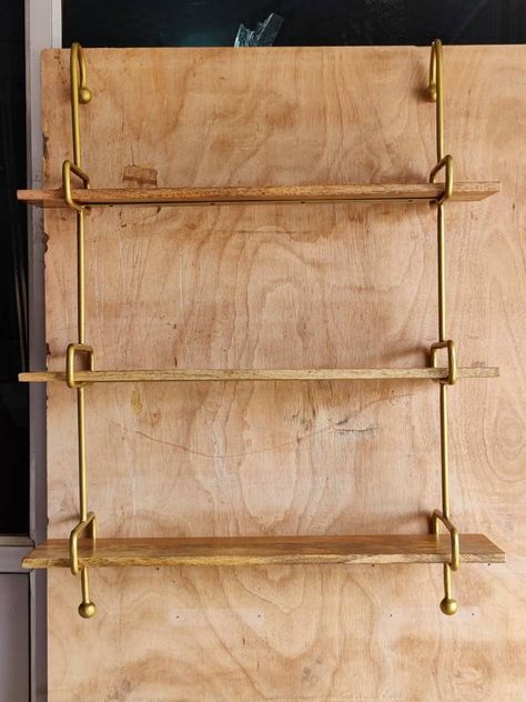 Gold Shelves Wall, Brushed Gold Bathroom Shelves, Gold Floating Shelves Kitchen, Gold Hanging Shelves, Gold Shelves Bathroom, Brass Bathroom Shelves, Brass Wall Shelves, Bar Nook Wall Shelves, 1920s Shelves