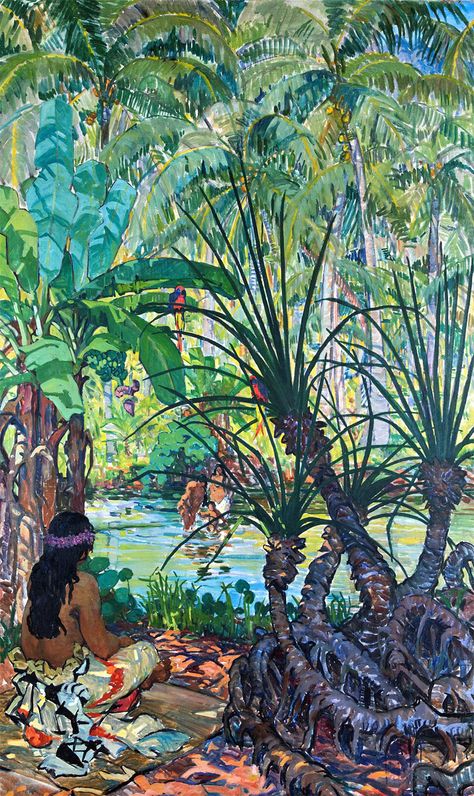 Samoan Scene by Mary Swanzy (Irish), oil on canvas, genre: Impressionism, 1924 #SamoanScene #MarySwanzy Samoan Artwork, Mary Swanzy, Hiro Isono, Mantle Painting, Tropical Academia, Samoan Art, Diy Sketchbook, Broken Clock, Calming Pictures