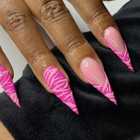 BP 🎀 on Instagram: "• it's FRENCHIE FRIDAYY • featured today are these barbie pink velvet stilettos 💅🏽💖👼🏽 Can y'alll believe i haven't done a stiletto set since 2021??? Like where are my stiletto babes attt?? thank you boo @setsbyzamirahrose for trusting me with your nails 😽🤍 if you're in the greenville area, def check her out! #stilettonails #stilettos #nails #nailsofinstagram #longnails #pinknails #pinkfrenchies #barbienails #zebranails #ncnails #ncnailtech #nailinspo #nailart #nailartist #uncpnails #fayettevillenails" Hot Pink Stiletto Nails Design, Pink Nails With Design Ideas, Pink Stilletos Nails, Pink Pointy Nails, Pink Stiletto Nails Designs, Stiletto Pink Nails, Pink Stilletos, Stiletto Birthday Nails, Pink Nails Stiletto