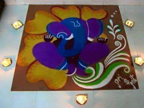 Ganesh rangoli                                                                                                                                                                                 More Ganesh Rangoli Designs Latest, Rangoli For Ganesh Festival, Ganesh Rangoli Creative, Ganeshji Rangoli, Ganapati Rangoli Designs, Ganesh Rangoli Design, Ganapati Rangoli, Ganpati Rangoli, Diwali Special Rangoli Design