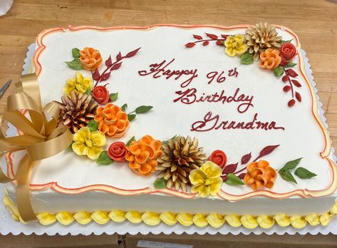 Thanksgiving Sheet Cakes Decorated, Fall Themed Sheet Cakes, Fall Birthday Sheet Cake, Fall Birthday Sheet Cake Ideas, Fall Sheet Cake Design, Sheet Cake Designs Birthday Women, Fall Sheet Cakes Decorated, Full Sheet Cake Designs, Fall Decorated Cakes